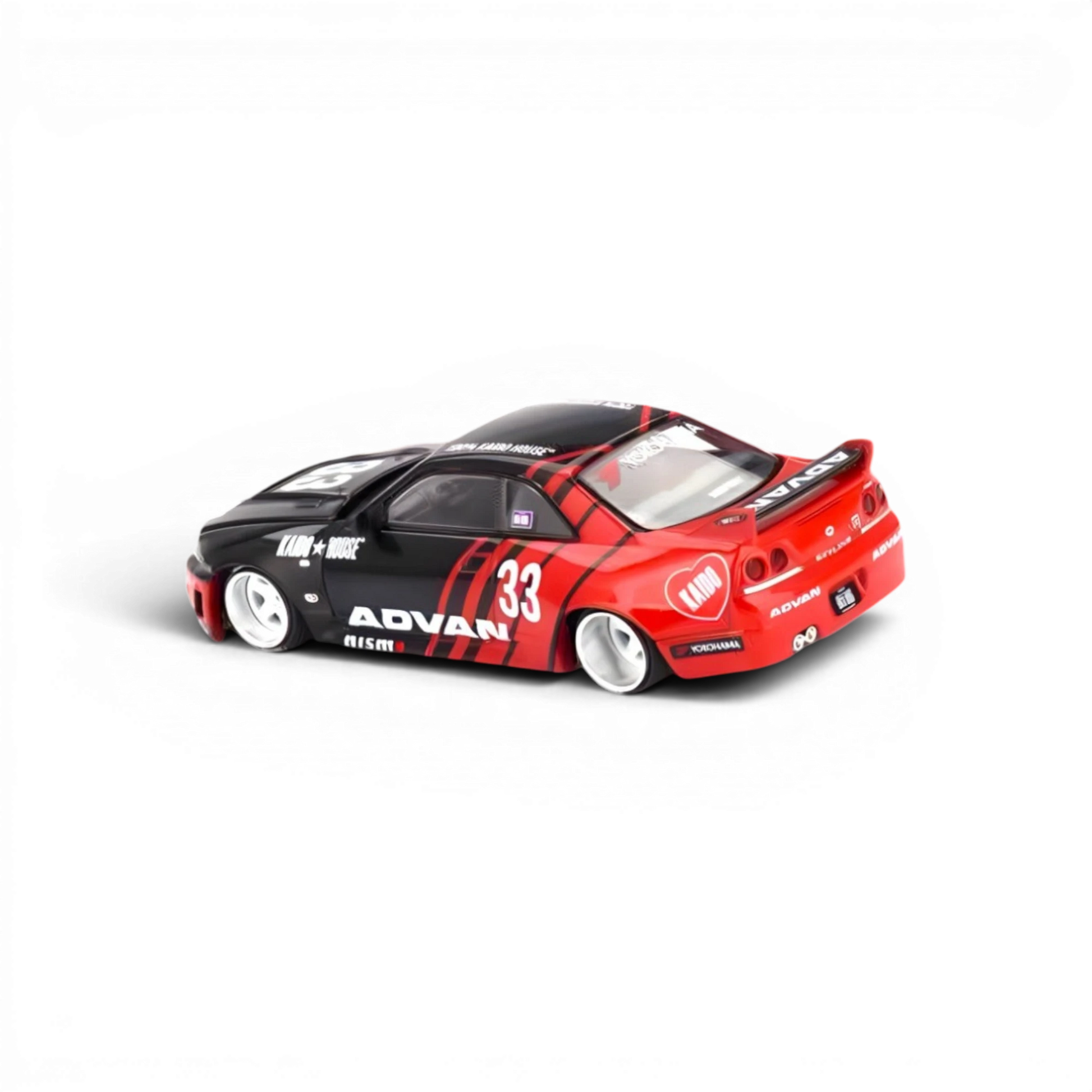 Lot57Supplies Diecast Shop Mini-GT x KAIDO Nissan Skyline GT-R R33 diecast model car, red and black with ADVAN livery and number 33.