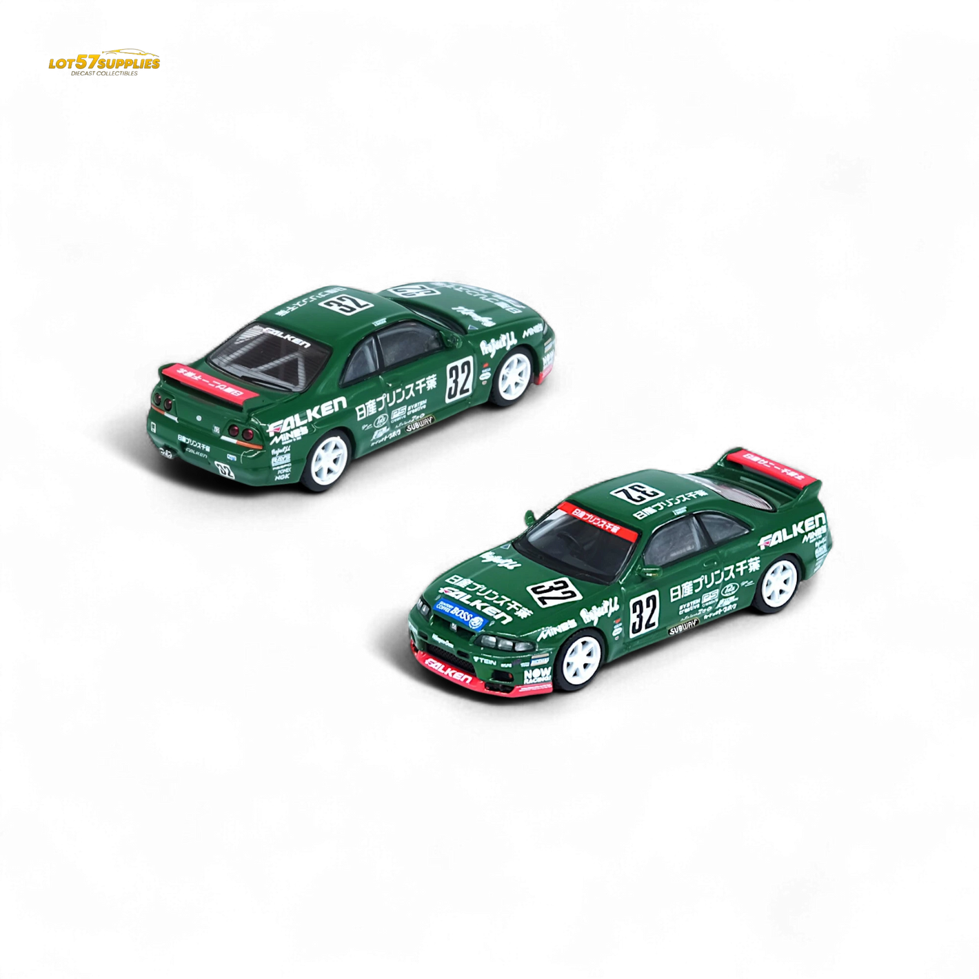 Lot57Supplies Diecast Shop 1:64 scale Inno64 Nissan Skyline GT-R R33 #32 Falken diecast model car in green livery.
