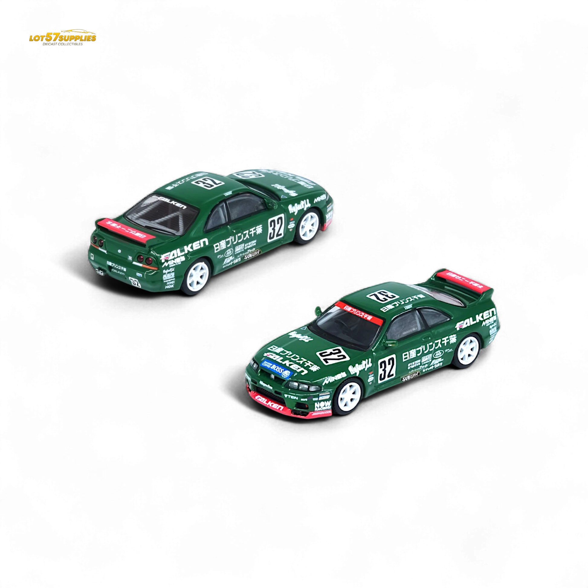 Lot57Supplies Diecast Shop 1:64 scale Inno64 Nissan Skyline GT-R R33 #32 Falken diecast model car in green livery.