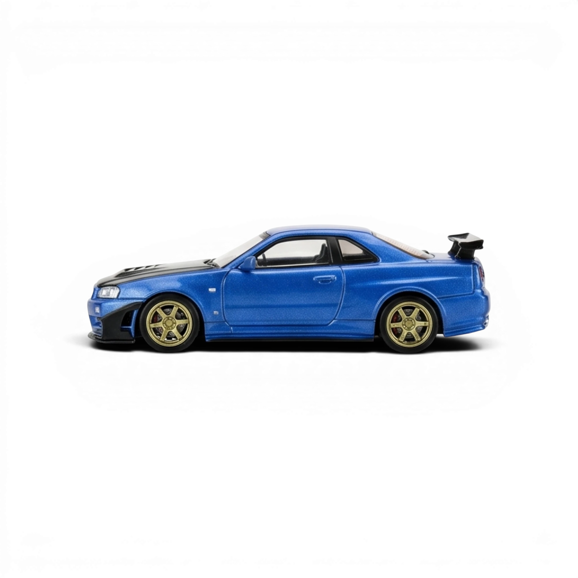 Lot57Supplies Diecast Shop: 1:64 scale Bayside Blue Nissan Skyline GT-R R34 customized diecast model with GT aero kit and gold wheels.