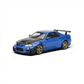 Lot57Supplies Diecast Shop 1:64 scale Bayside Blue Nissan Skyline GT-R R34 customized diecast model with GT aero kit and gold wheels.