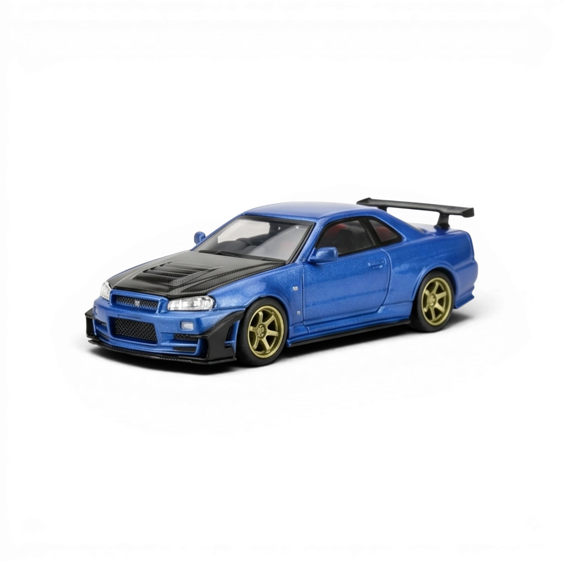 Lot57Supplies Diecast Shop 1:64 scale Bayside Blue Nissan Skyline GT-R R34 customized diecast model with GT aero kit and gold wheels.
