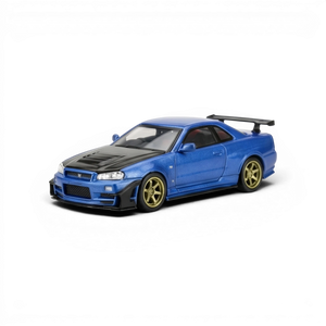 Lot57Supplies Diecast Shop 1:64 scale Bayside Blue Nissan Skyline GT-R R34 customized diecast model with GT aero kit and gold wheels.