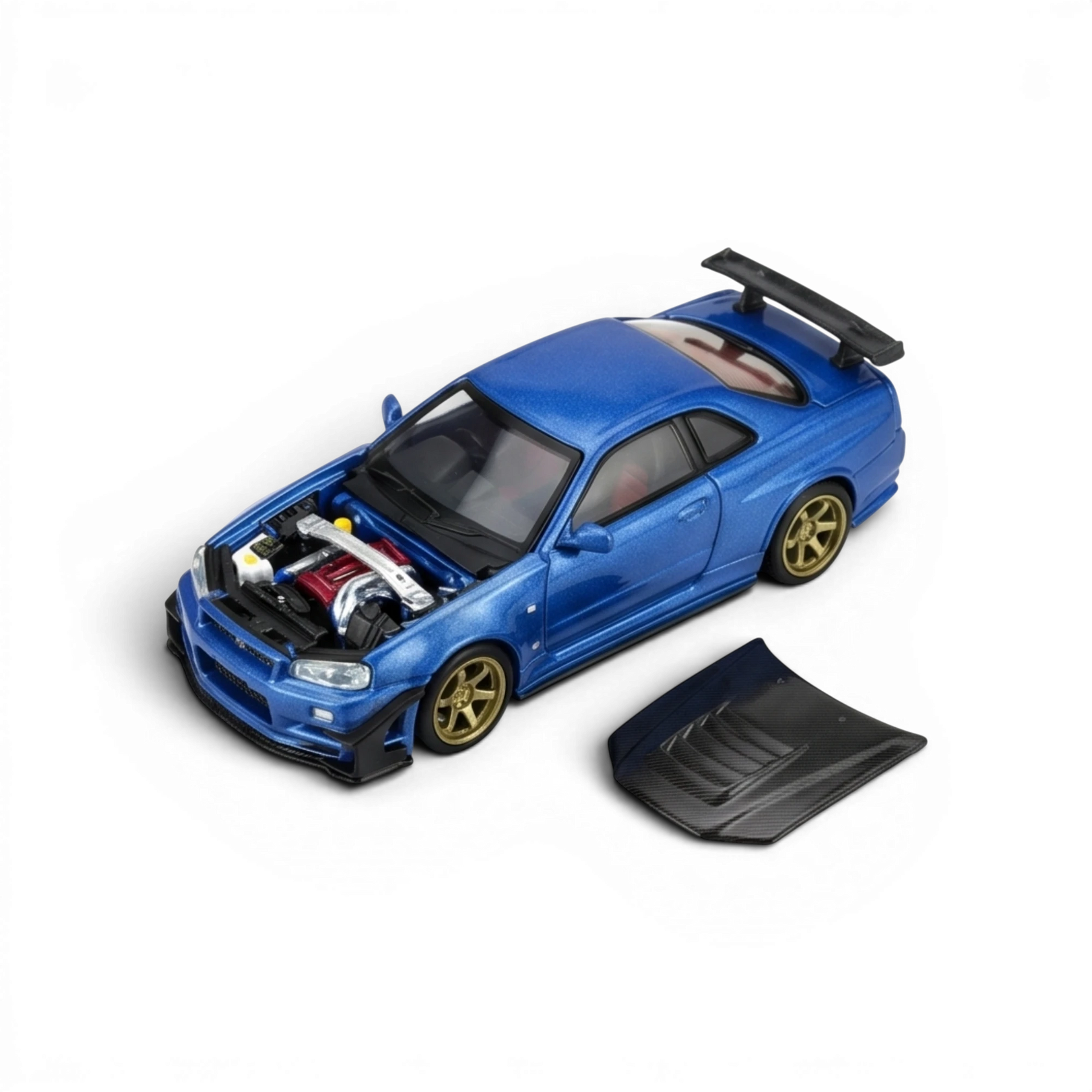 Lot57Supplies Diecast Shop Bayside Blue 1:64 MOTORHELIX Nissan Skyline GT-R R34 with GT Aero Kit and exposed engine.