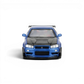 Lot57Supplies Diecast Shop blue 1:64 scale diecast Nissan Skyline GT-R R34 with GT aero kit and carbon fiber hood.