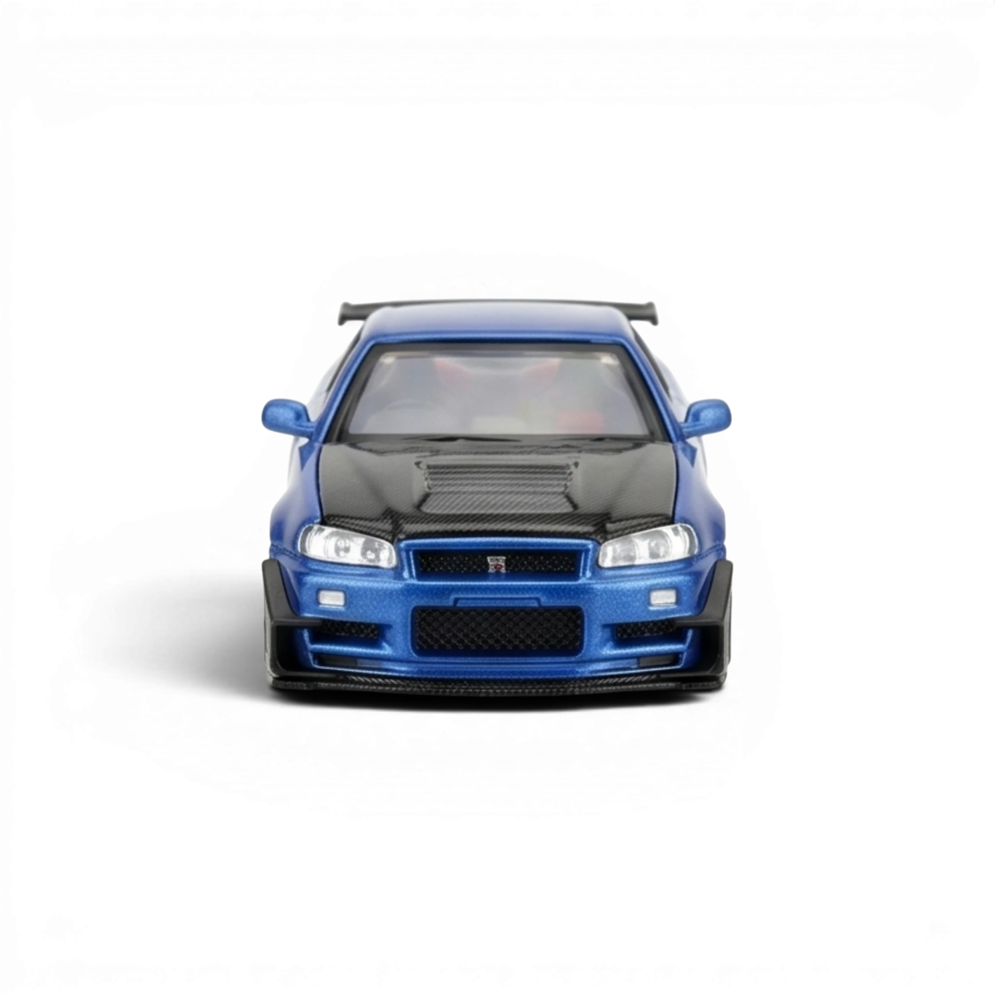 Lot57Supplies Diecast Shop blue 1:64 scale diecast Nissan Skyline GT-R R34 with GT aero kit and carbon fiber hood.