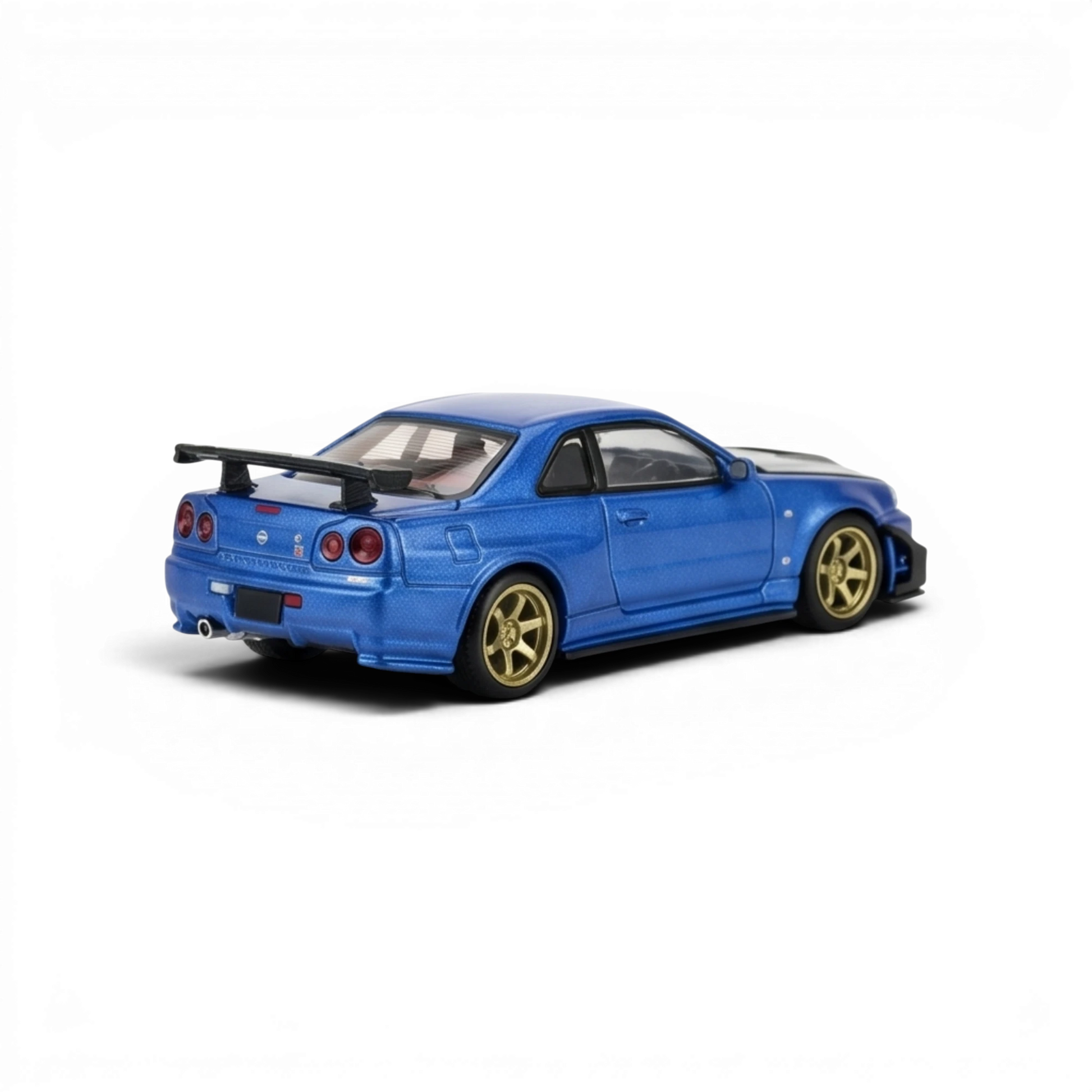 Lot57Supplies Diecast Shop: 1:64 scale Bayside Blue diecast Nissan Skyline GT-R R34 with GT aero kit and gold wheels.