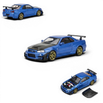 Lot57Supplies Diecast Shop Bayside Blue Nissan Skyline GT-R R34 customized 1:64 scale diecast model with GT aero kit and carbon fiber hood.
