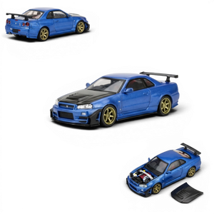 Lot57Supplies Diecast Shop Bayside Blue Nissan Skyline GT-R R34 customized 1:64 scale diecast model with GT aero kit and carbon fiber hood.
