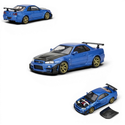 Lot57Supplies Diecast Shop Bayside Blue Nissan Skyline GT-R R34 customized 1:64 scale diecast model with GT aero kit and carbon fiber hood.