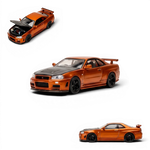 Lot57Supplies Diecast Shop 1:64 scale metallic orange Nissan Skyline GTR R34 diecast model with black carbon hood