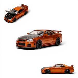 Lot57Supplies Diecast Shop 1:64 scale metallic orange Nissan Skyline GTR R34 diecast model with black carbon hood