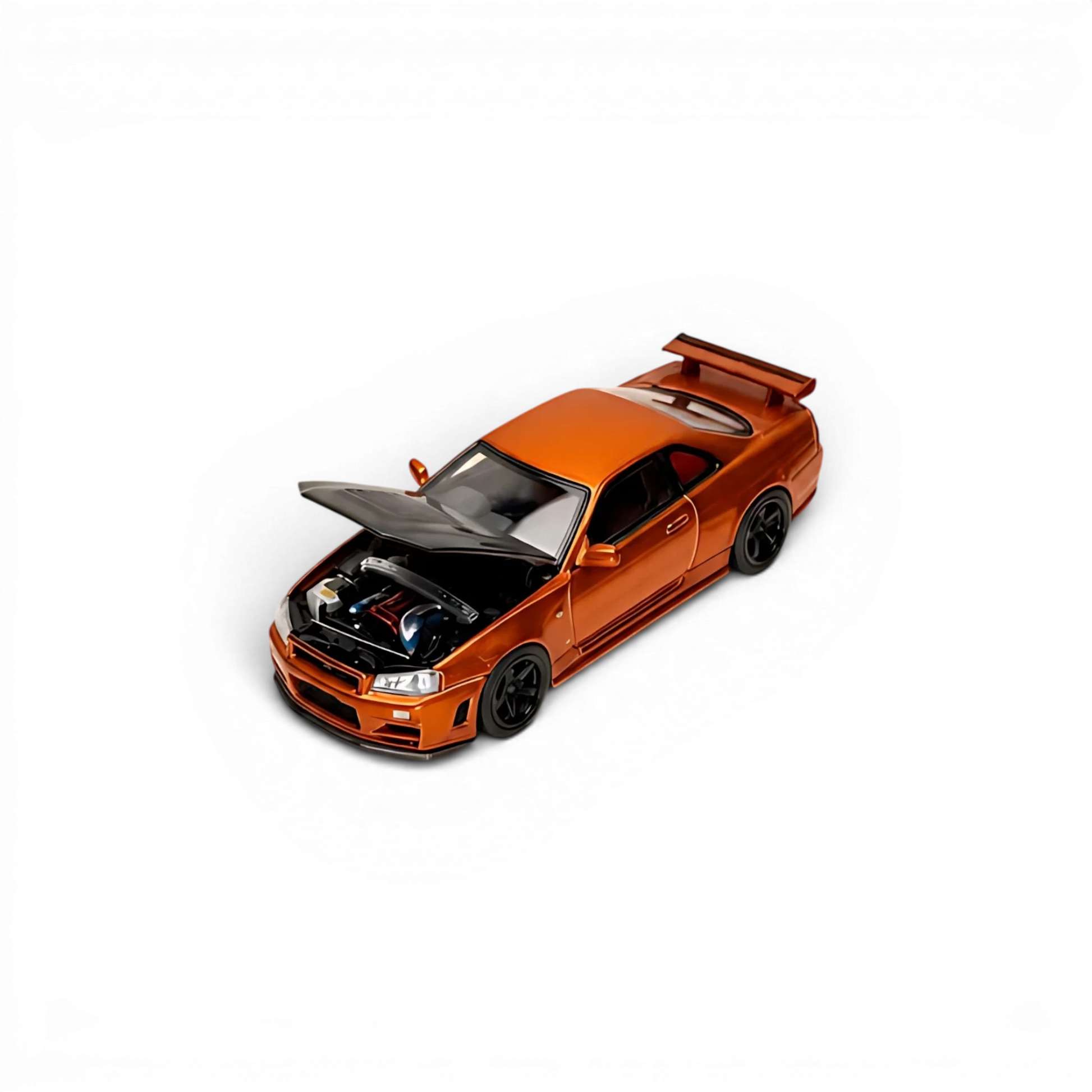 Lot57Supplies Diecast Shop MOTORHELIX 1:64 scale metallic orange Nissan Skyline GTR R34 diecast model with open hood