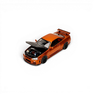 Lot57Supplies Diecast Shop MOTORHELIX 1:64 scale metallic orange Nissan Skyline GTR R34 diecast model with open hood