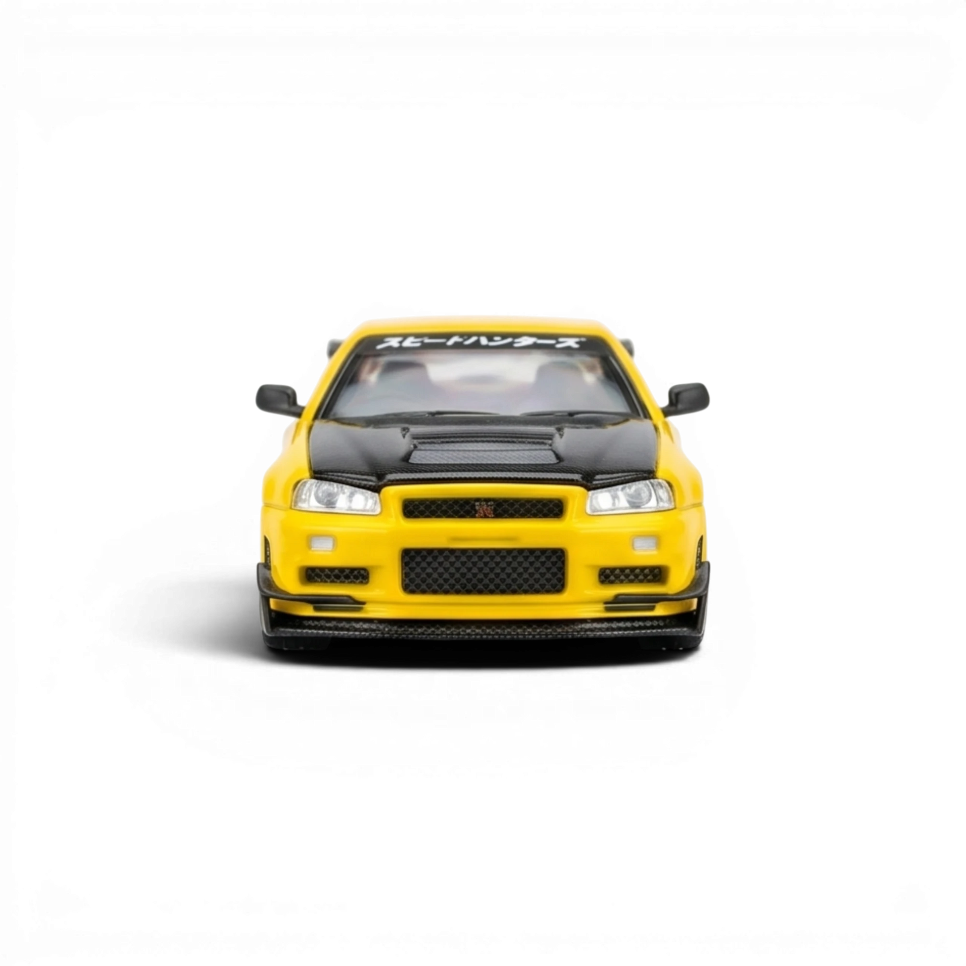 Lot57Supplies Diecast Shop: MOTORHELIX 1:64 scale Nissan Skyline GT-R R34 in lightning yellow with black GT aero kit and carbon fiber hood.