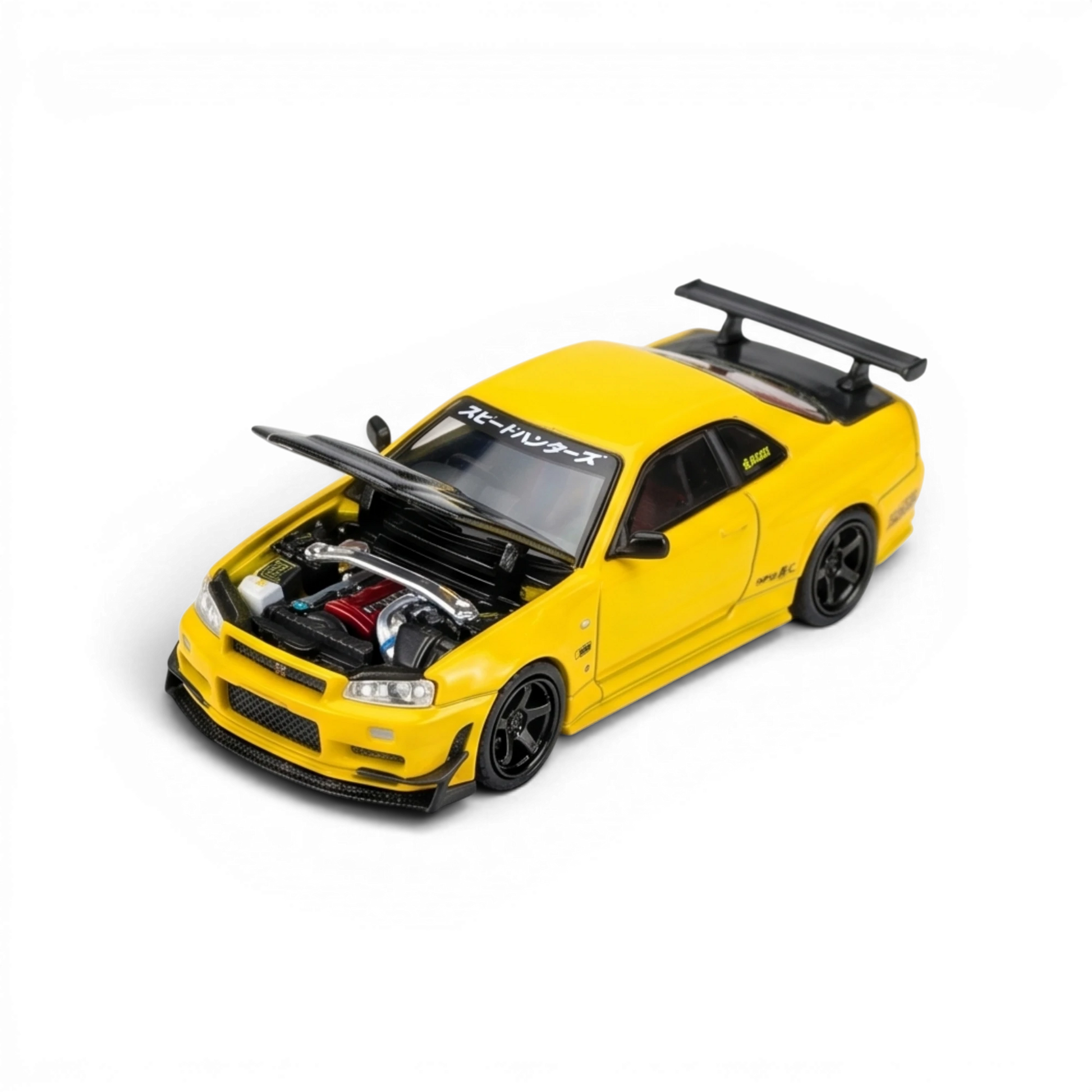 Lot57Supplies Diecast Shop Lightning Yellow 1:64 scale MOTORHELIX Nissan Skyline GT-R R34 with GT Aero Kit and open hood showing engine detail.