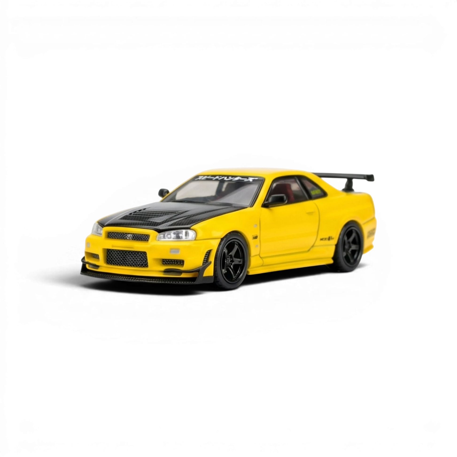 Lot57Supplies Diecast Shop: Yellow 1:64 scale diecast model of a customized Nissan Skyline GT-R R34 with GT aero kit and carbon fiber hood.