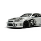 Lot57Supplies Diecast Shop: White 1:64 scale TimeMicro Nissan Skyline R34 GT-R model with black flame graphics and carbon fiber accents.
