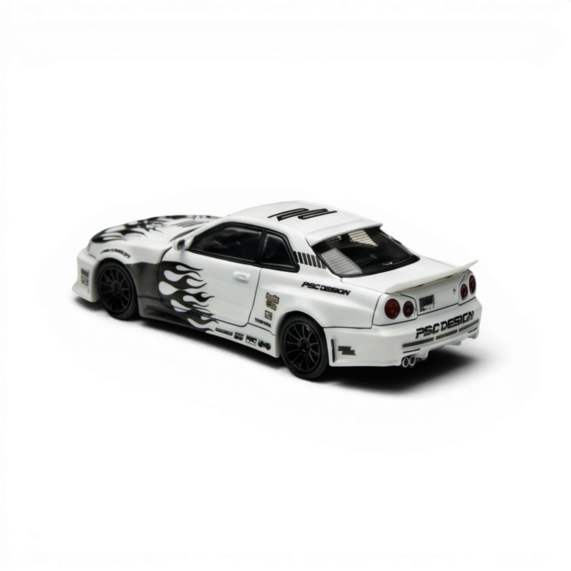 Lot57Supplies Diecast Shop Nissan Skyline R34 GT-R Smilodon Black White 1:64 scale diecast model car with flame graphics.