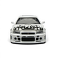 Lot57Supplies Diecast Shop white 1:64 Nissan Skyline R34 GT-R Smilodon diecast model with black flame graphics on hood.