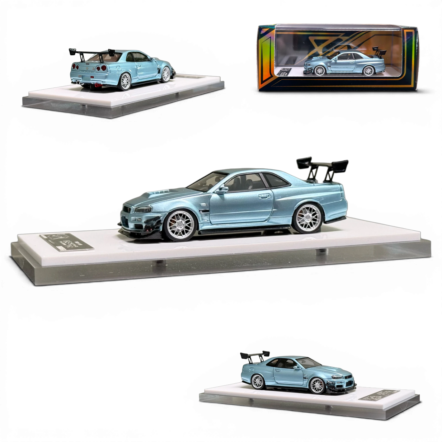 Lot57Supplies Diecast Shop 404ERROR Nissan Skyline R34 modified diecast model car in ice blue, 1:64 scale.