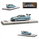 Lot57Supplies Diecast Shop 404ERROR Nissan Skyline R34 modified diecast model car in ice blue, 1:64 scale.