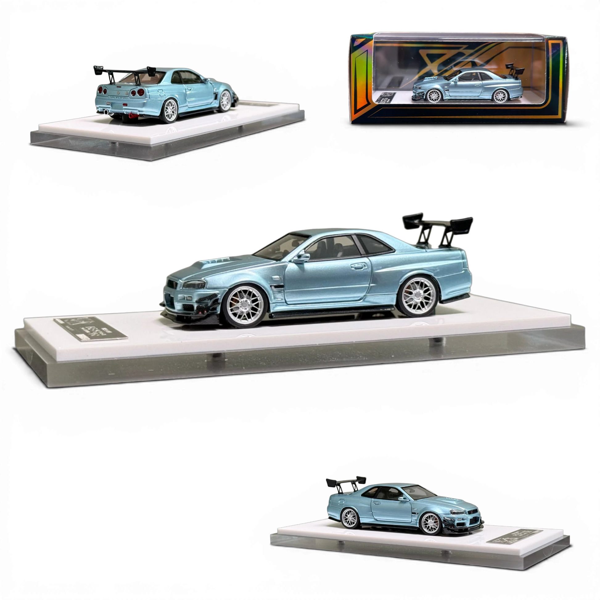 Lot57Supplies Diecast Shop 404ERROR Nissan Skyline R34 modified diecast model car in ice blue, 1:64 scale.