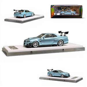 Lot57Supplies Diecast Shop 404ERROR Nissan Skyline R34 modified diecast model car in ice blue, 1:64 scale.
