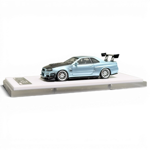 Lot57Supplies Diecast Shop 404ERROR 1:64 scale Nissan Skyline R34 modified diecast car in ice blue with carbon hood