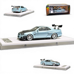 Lot57Supplies Diecast Shop 404ERROR 1:64 Nissan Skyline R34 in ice blue with carbon hood and rear wing on display base