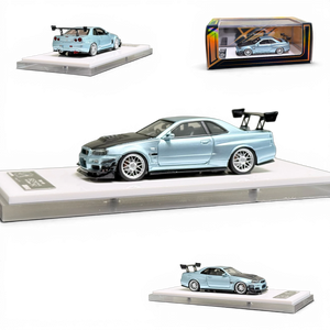 Lot57Supplies Diecast Shop 404ERROR 1:64 Nissan Skyline R34 in ice blue with carbon hood and rear wing on display base