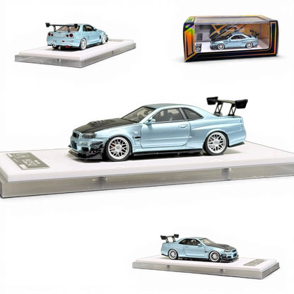 Lot57Supplies Diecast Shop 404ERROR 1:64 Nissan Skyline R34 in ice blue with carbon hood and rear wing on display base