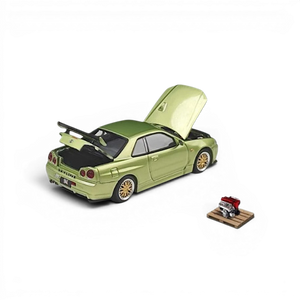 Lot57Supplies Diecast Shop Cool ART 1:64 scale jade green Nissan Skyline GT-R R34 diecast model with openable parts