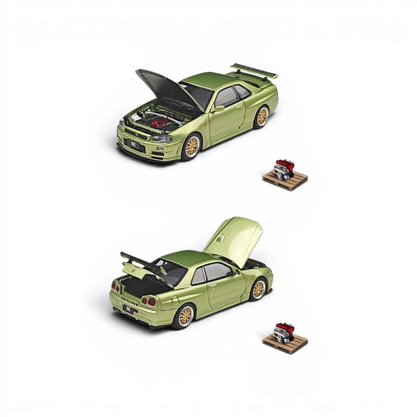 Lot57Supplies Diecast Shop Cool ART 1:64 scale jade green Nissan Skyline GT-R R34 diecast model with openable parts