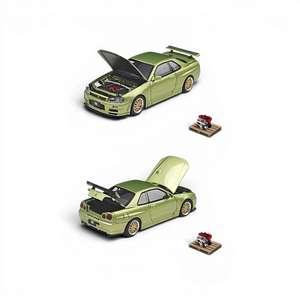 Lot57Supplies Diecast Shop Cool ART 1:64 scale jade green Nissan Skyline GT-R R34 diecast model with openable parts