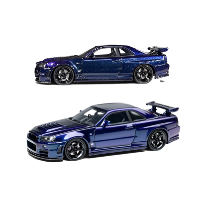 Lot57Supplies Diecast Shop 1:64 scale Cars' Lounge Nissan Skyline GT-R R34 Z-TUNE model in metallic Midnight Purple.