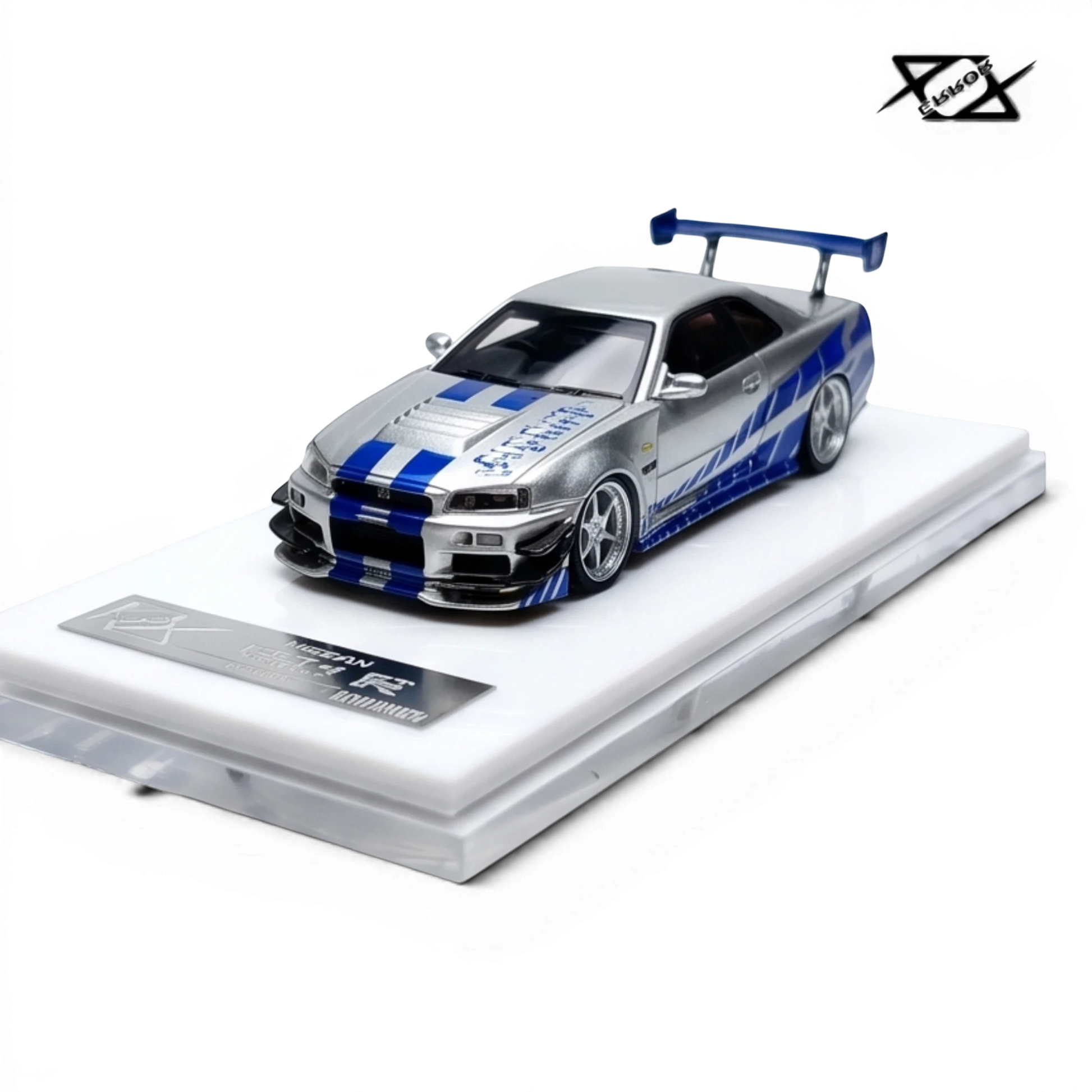 404ERROR Nissan Skyline R34 in silver and blue Fast & Furious livery, 1:64 scale resin model from Lot57Supplies Diecast Shop.