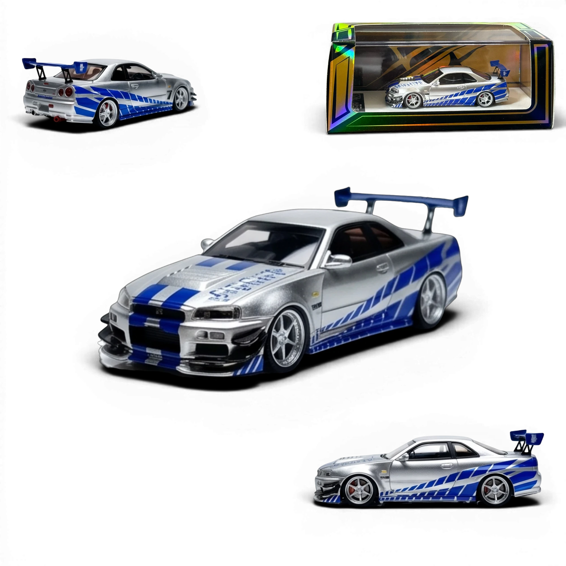 404ERROR Nissan Skyline R34 1:64 scale resin model in silver and blue Fast & Furious livery from Lot57Supplies