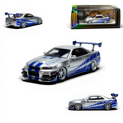 404ERROR Nissan Skyline R34 1:64 scale resin model in silver and blue Fast & Furious livery from Lot57Supplies