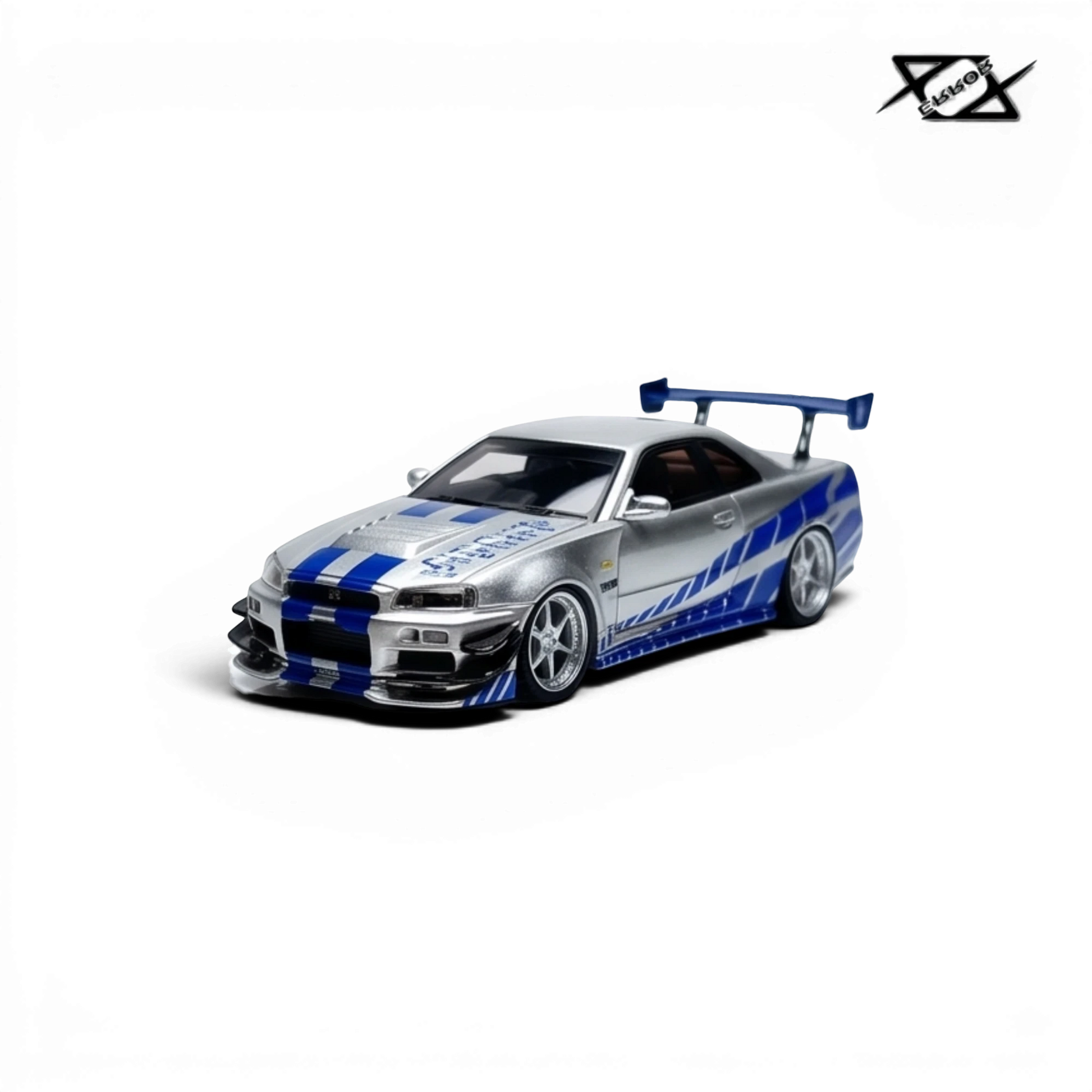 Lot57Supplies Diecast Shop 404ERROR 1:64 scale resin Nissan Skyline R34 in silver and blue Fast & Furious livery.