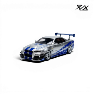 Lot57Supplies Diecast Shop 404ERROR 1:64 scale resin Nissan Skyline R34 in silver and blue Fast & Furious livery.
