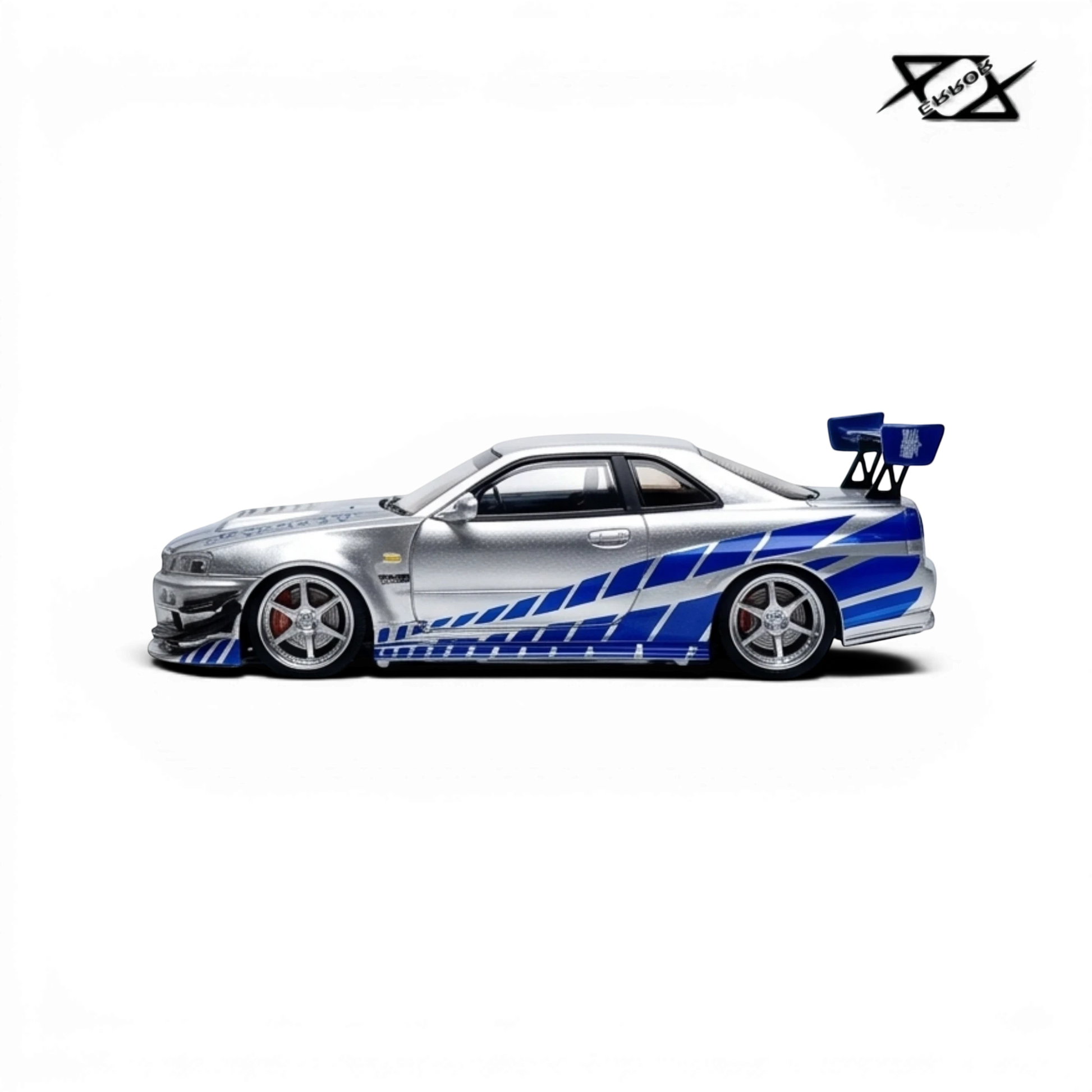 404ERROR Nissan Skyline R34 resin model in silver and blue Fast & Furious livery from Lot57Supplies Diecast Shop