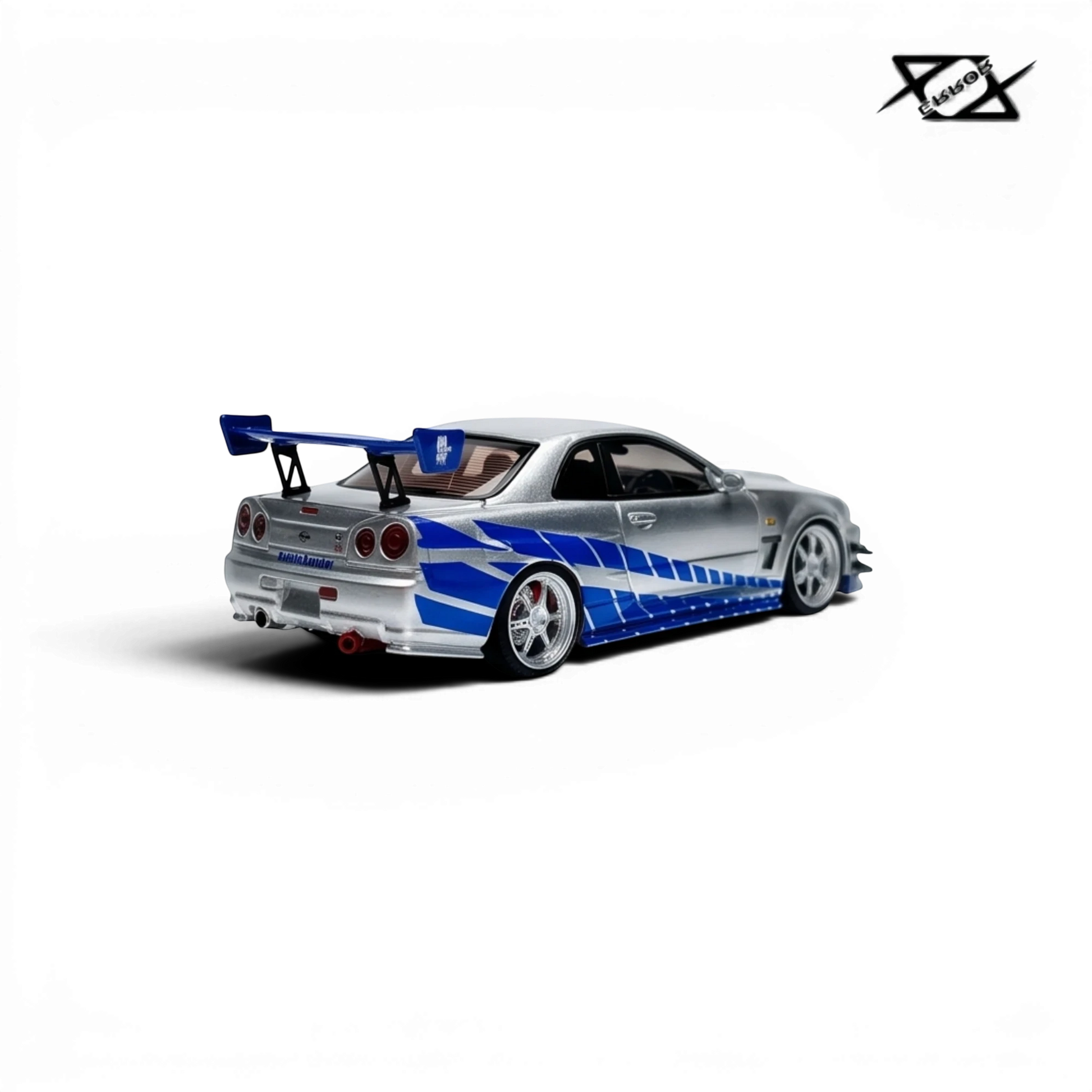 404ERROR Nissan Skyline R34 resin model in silver and blue Fast & Furious livery from Lot57Supplies Diecast Shop