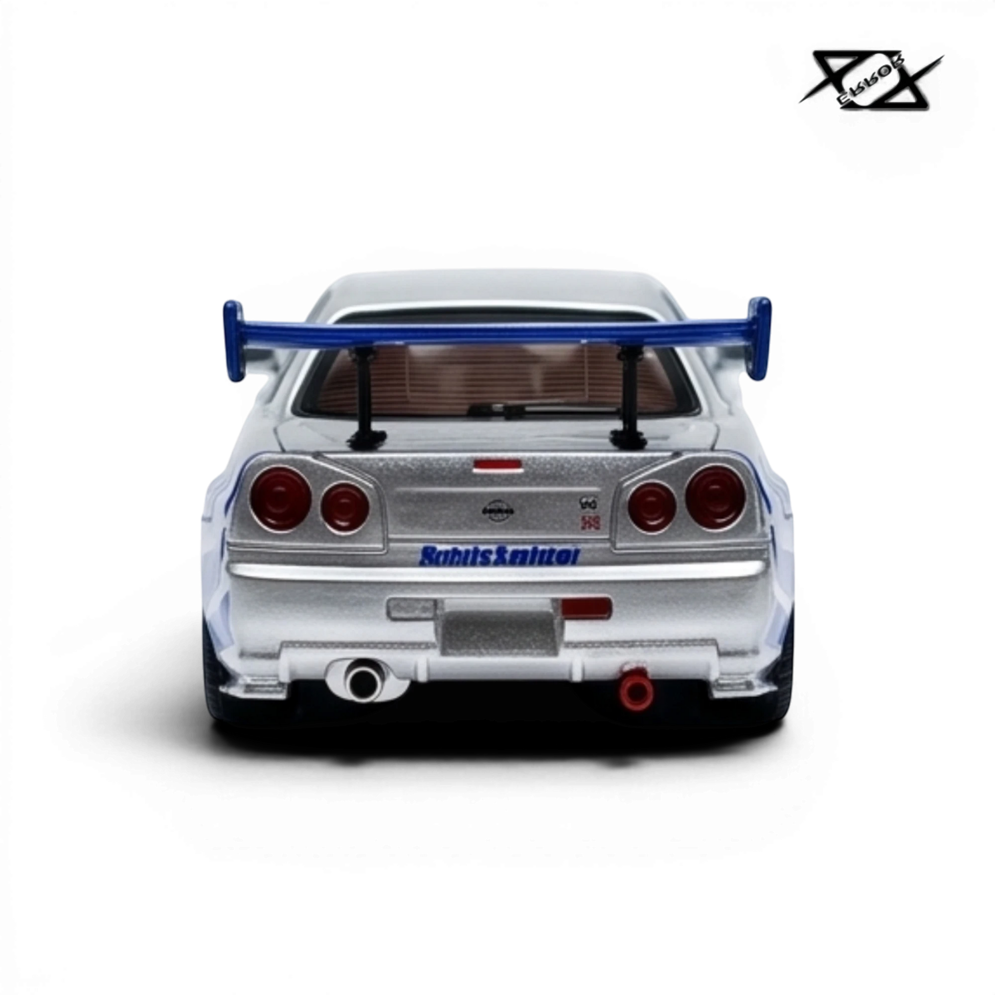 404ERROR Nissan Skyline R34 resin model in silver and blue F&F livery from Lot57Supplies Diecast Shop, 1:64 scale.