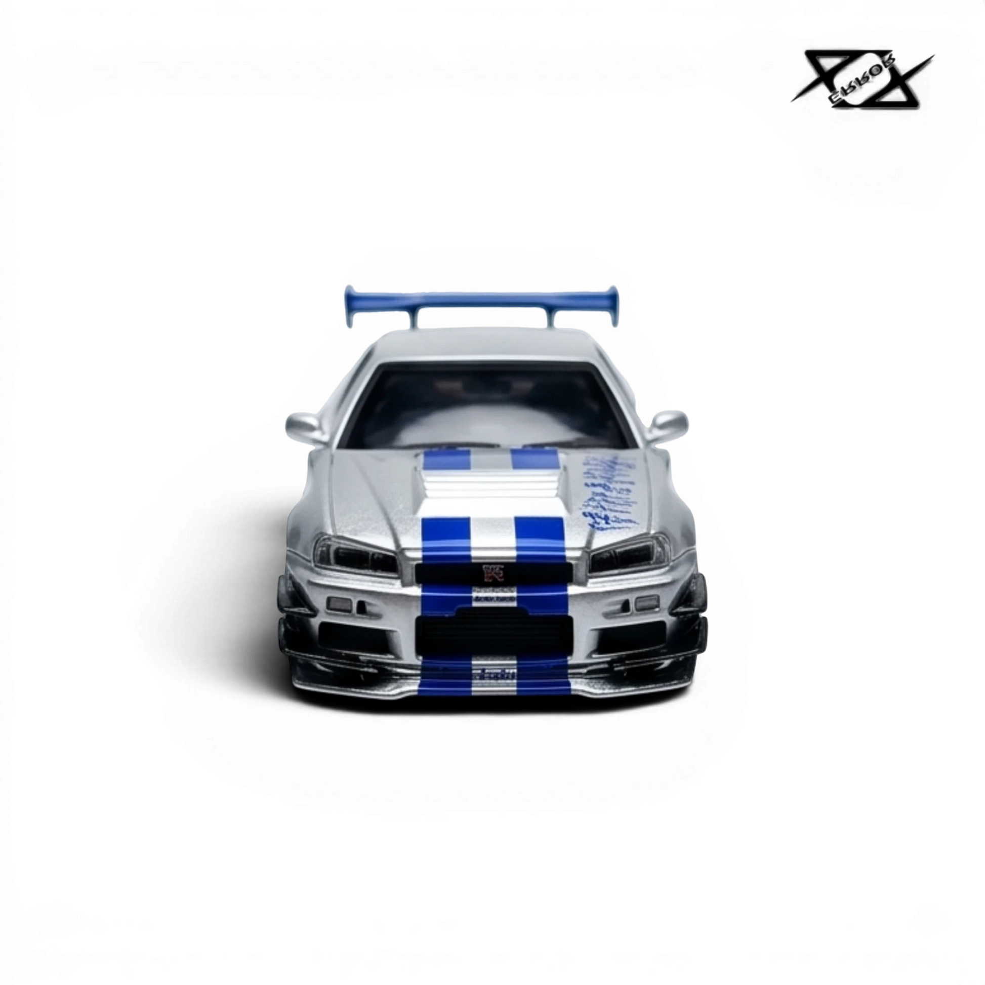 Lot57Supplies Diecast Shop 404ERROR 1:64 scale resin Nissan Skyline R34 in silver and blue Fast & Furious livery.