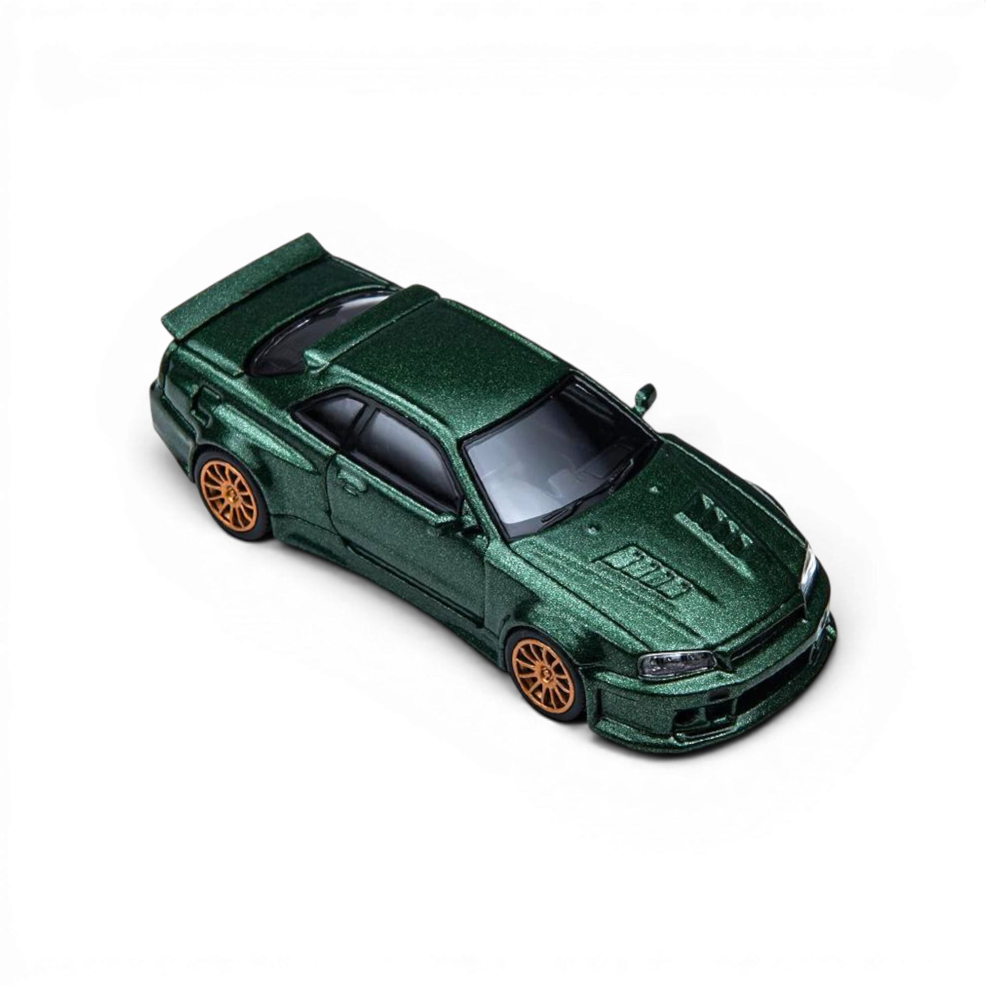 Lot57Supplies Diecast Shop dark green 1:64 Nissan Skyline GT-R R34 Smilodon diecast model with aggressive aero styling and gold wheels.