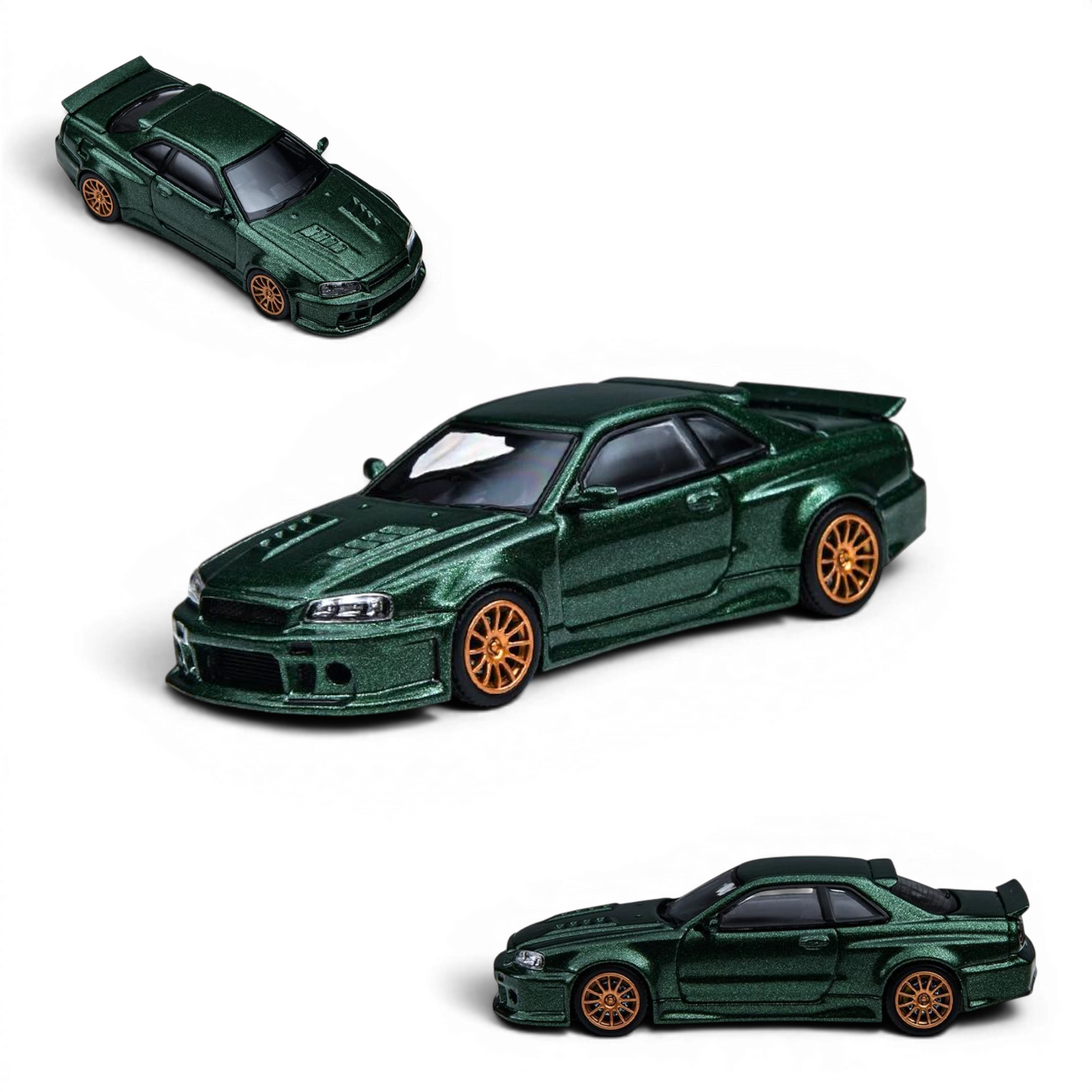 Lot57Supplies Diecast Shop dark green Nissan Skyline GT-R R34 Smilodon 1:64 scale diecast model car with aggressive aero.