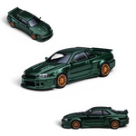 Lot57Supplies Diecast Shop dark green Nissan Skyline GT-R R34 Smilodon 1:64 scale diecast model car with aggressive aero.