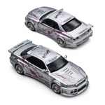 Lot57Supplies Diecast Shop 1:64 scale silver Nissan Skyline R34 Smilodon diecast model with purple flame graphics.