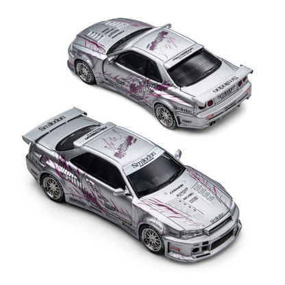 Lot57Supplies Diecast Shop 1:64 scale silver Nissan Skyline R34 Smilodon diecast model with purple flame graphics.